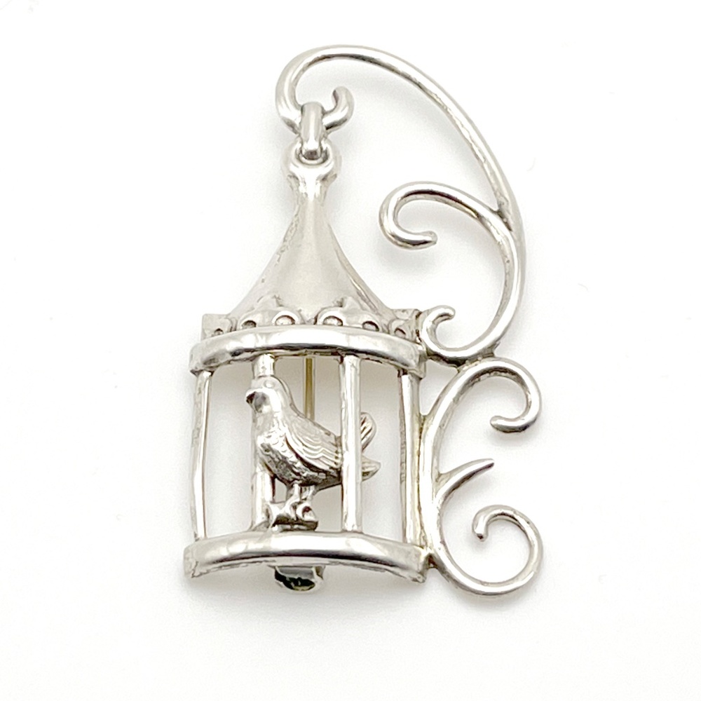 Vintage 1950s Lang Sterling Silver Bird in Cage Brooch Pin